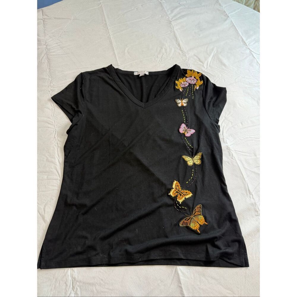 Bogari Vintage Black Silk Blend V Neck Butterfly Top Blouse Size XL